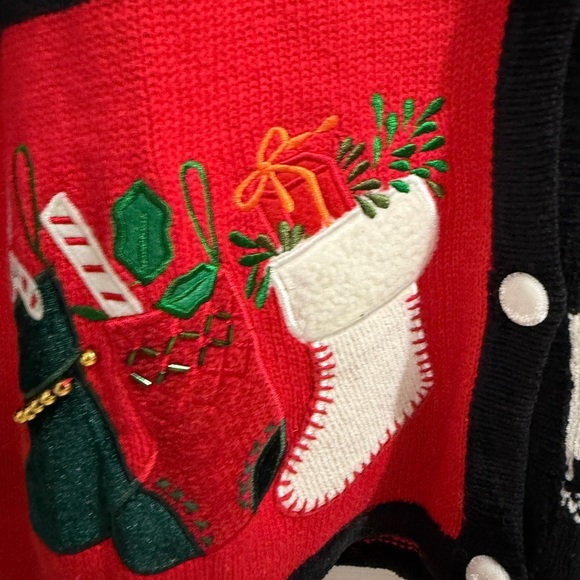 Women's Festive Red Black Sweater Holiday Christmas Furry Collar Fabric Buttons - Picture 2 of 7